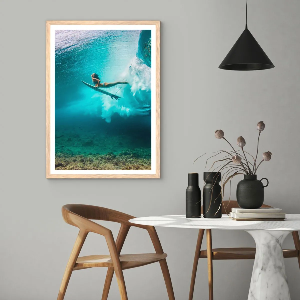 Plakat i ramme af lyst egetræ - Undervandsverden - 30x40 cm