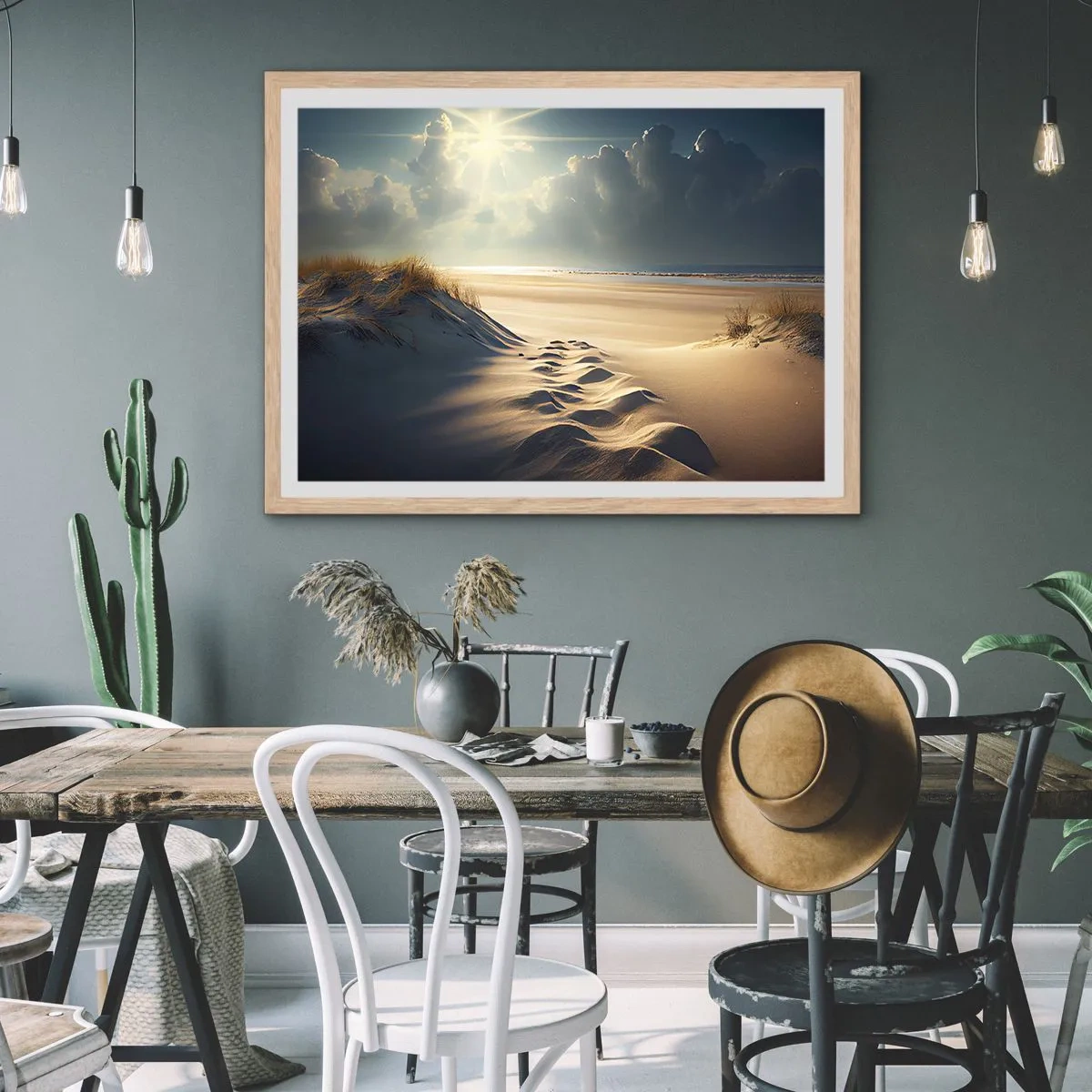 Plakat i ramme af lyst egetræ - Beroligende landskab - 100x70 cm