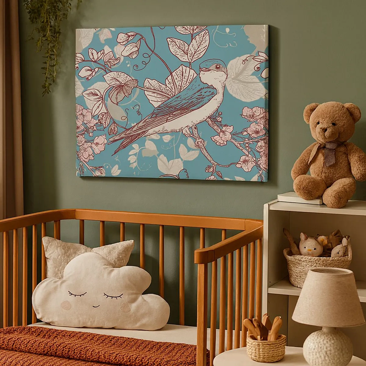 Lærredstryk - Billede på lærred - En fugl på en gren i en delikat blomsterstil - 70x50cm - I de hvide skove kvidrende og sølvfarvede - Moderne vægdekoration til stue og soveværelse ARTTOR