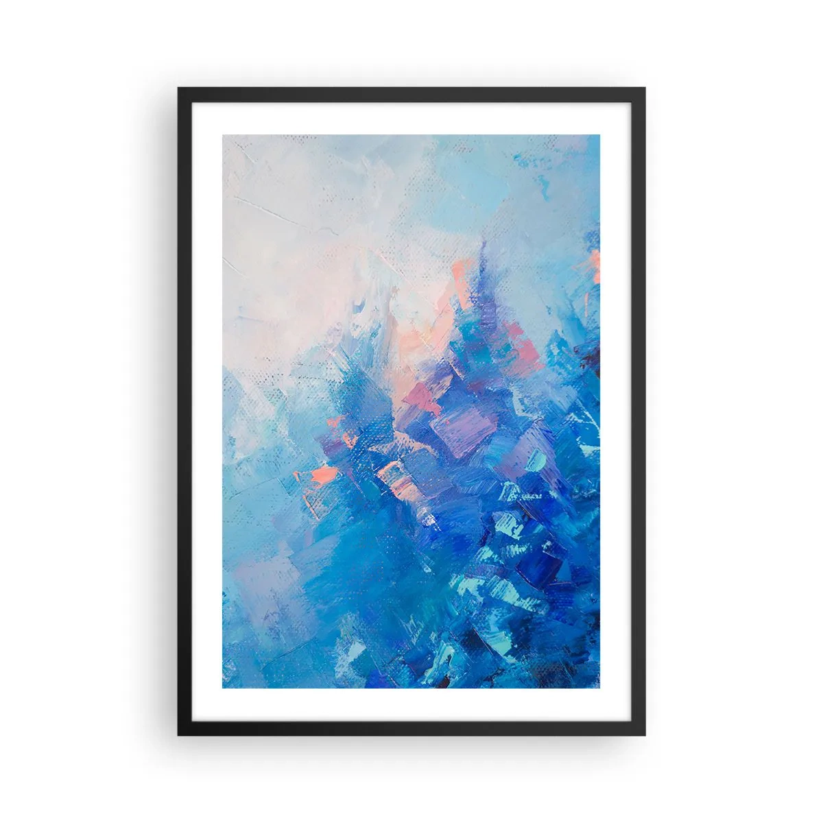 Plakat i sort ramme - En abstrakt komposition i nuancer af blå og lyserød inspireret af et vinterlandskab. - 50x70cm - Vinter abstraktion - Moderne vægdekoration til stue og soveværelse ARTTOR