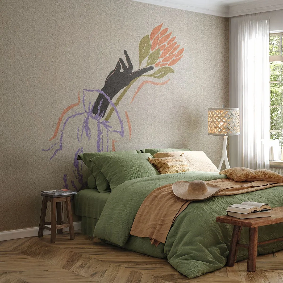 Fototapet Standard Eco - En søsterlig berøring - Hånd, Blomst, Minimalisme - 200x140 cm