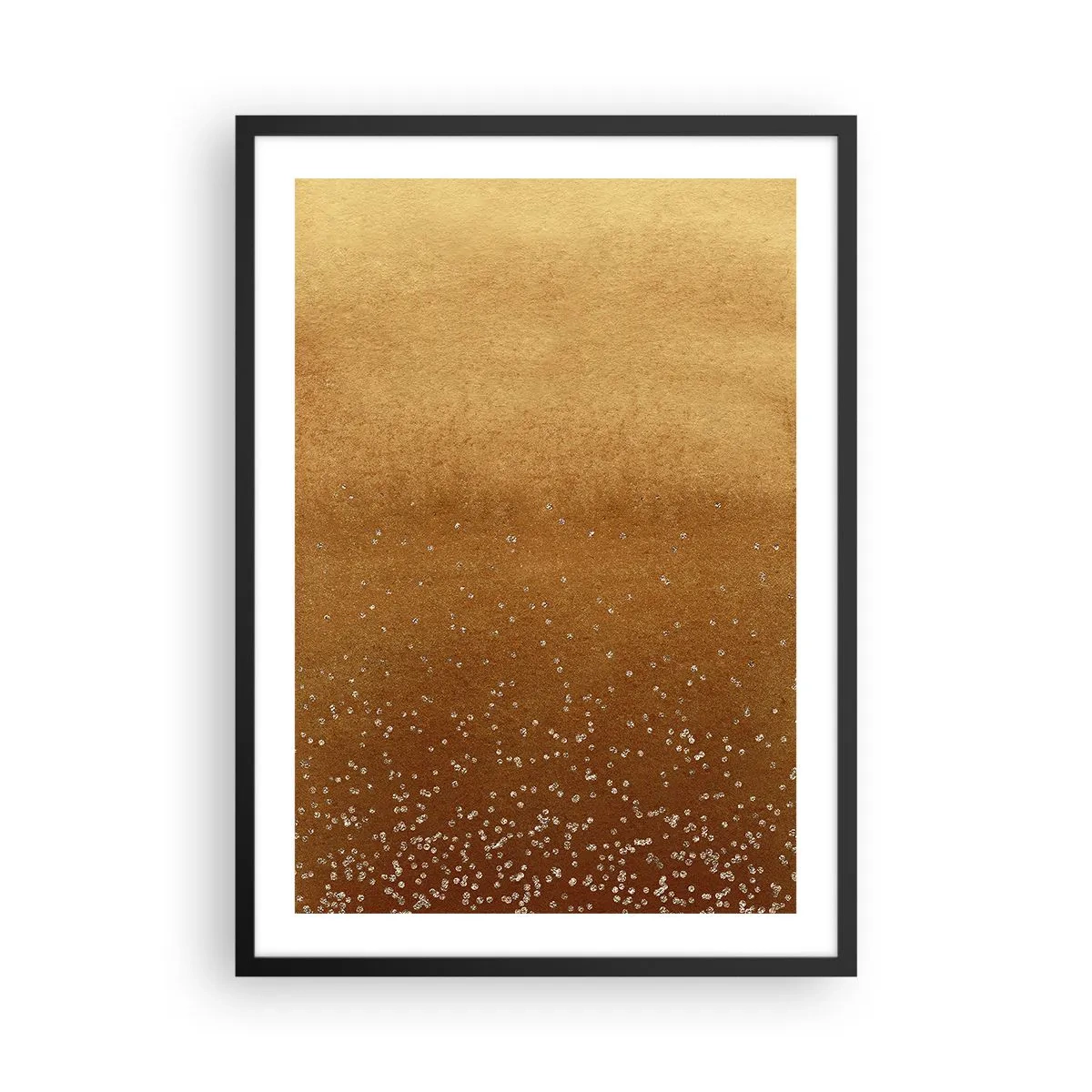 Plakat i sort ramme - Gylden gradient med små funklende elementer - 50x70cm - Lysets fødsel - Moderne vægdekoration til stue og soveværelse ARTTOR
