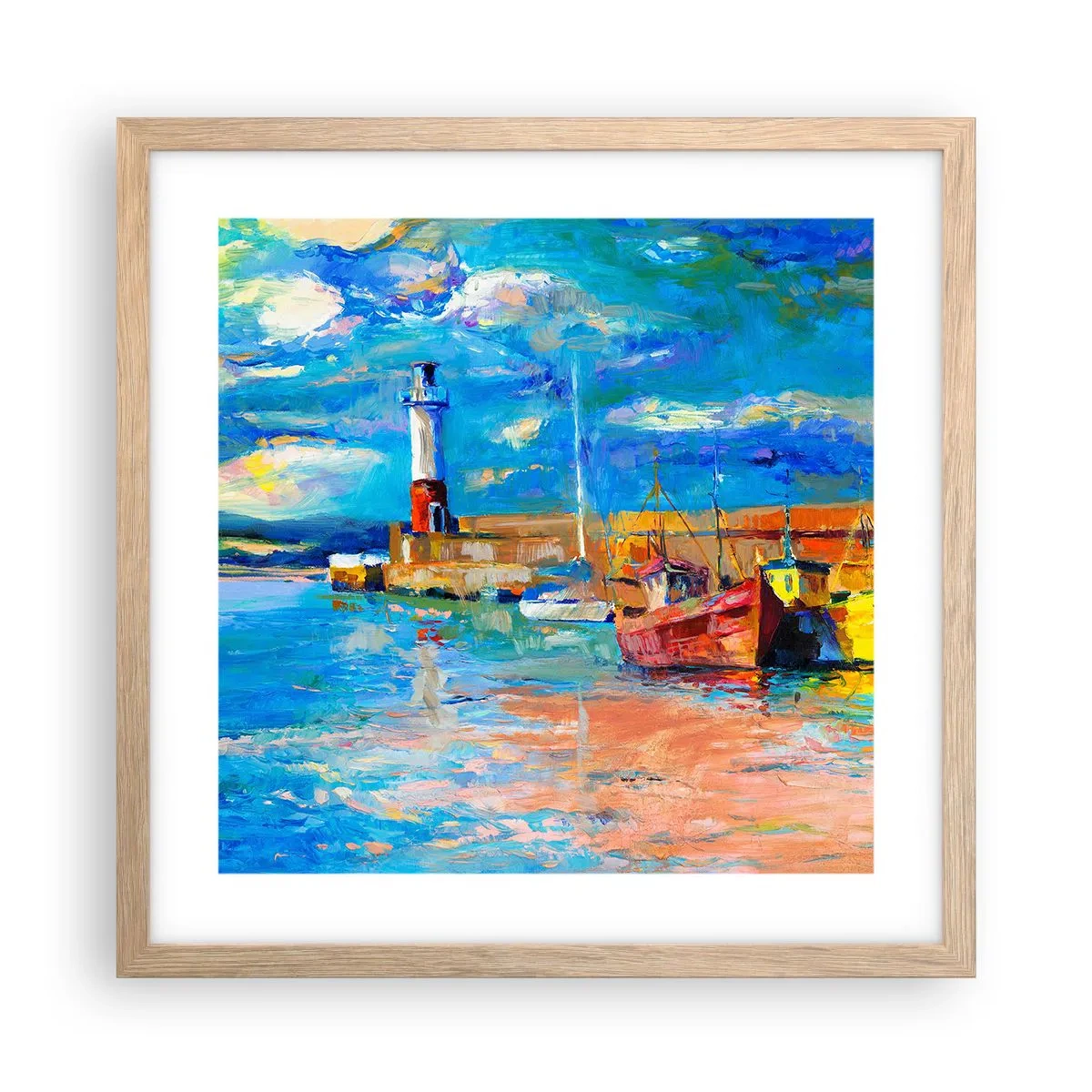 Plakat i ramme af lyst egetræ - Eftermiddag i regnbuebugten - 40x40 cm