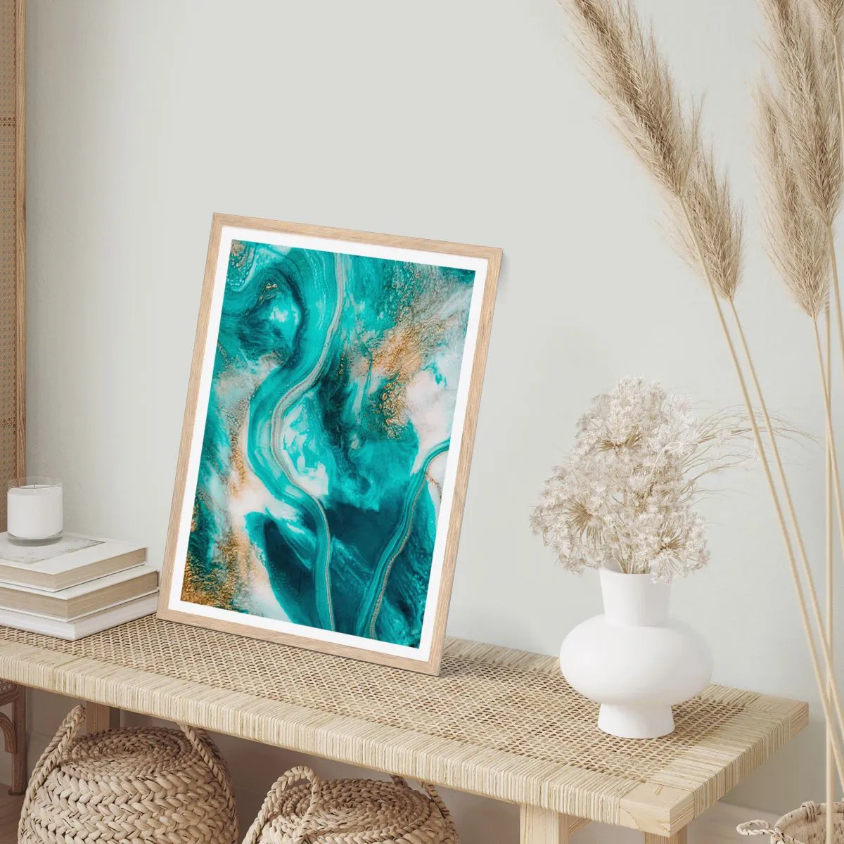 Plakat i ramme af lyst egetræ - Flod af guld - 50x70 cm