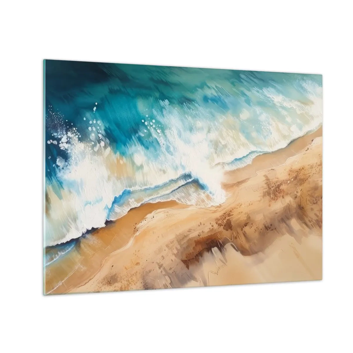 Billede på glas - Fugleperspektiv af en blå havbølge, der slår mod en sandstrand - 70x50cm - Tilbagevendende bølge - Moderne vægdekoration til stue og soveværelse ARTTOR