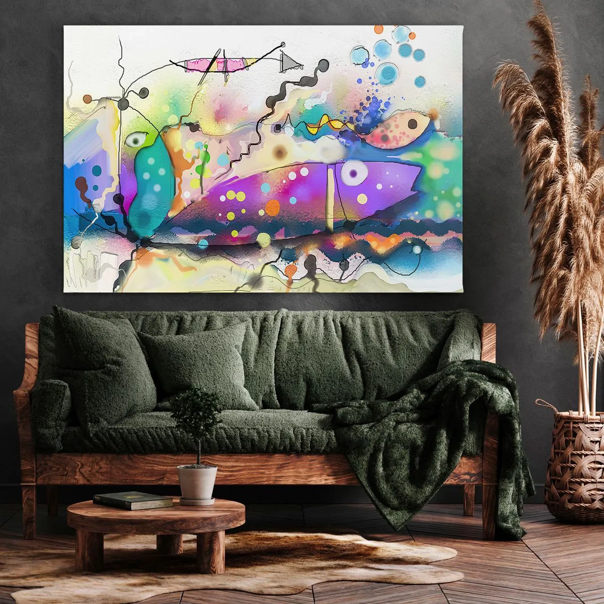Lærredstryk - Billede på lærred - Abstrakt fisk i en farverig, surrealistisk komposition - 70x50cm - Ingen ord! - Moderne vægdekoration til stue og soveværelse ARTTOR
