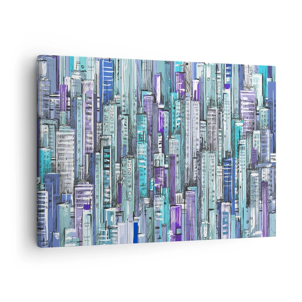Lærredstryk - Billede på lærred - Illustration af en by med geometriske bygninger i nuancer af blå og lilla. - 70x50cm - Blå fra himlen - Moderne vægdekoration til stue og soveværelse ARTTOR