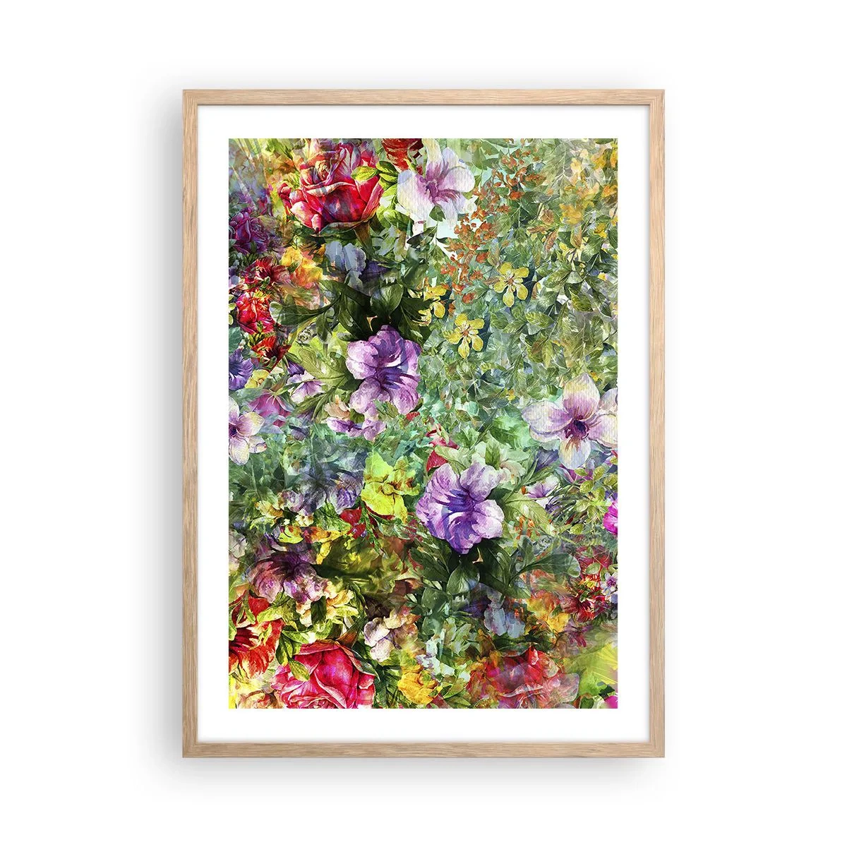 Plakat i ramme af lyst egetræ - Ind i blomsterne ved fortabelse - 50x70 cm
