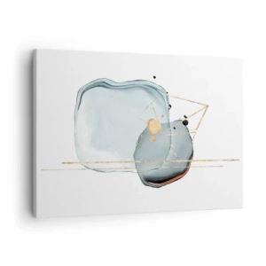 Lærredstryk - Billede på lærred - Abstrakte former i nuancer af blå og guld på en hvid baggrund - 70x50cm - En undersøgelse af dråber - Moderne vægdekoration til stue og soveværelse ARTTOR