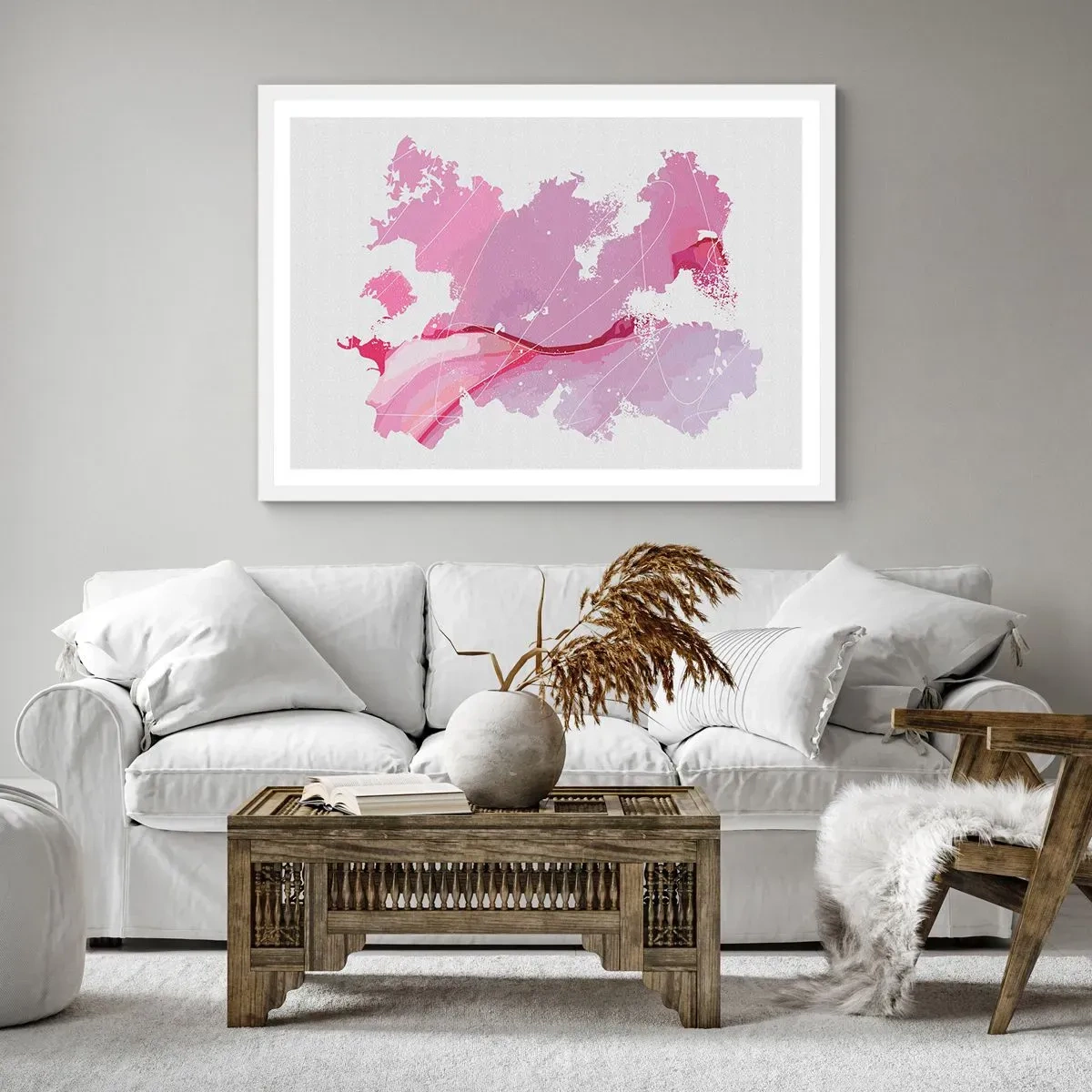 Plakat i hvid ramme - Kort over en lyserød verden - 100x70 cm