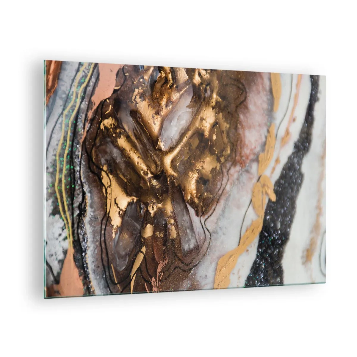 Billede på glas - Et abstrakt maleri i nuancer af guld, brun og hvid med en minerallignende tekstur. - 70x50cm - Jord element - Moderne vægdekoration til stue og soveværelse ARTTOR