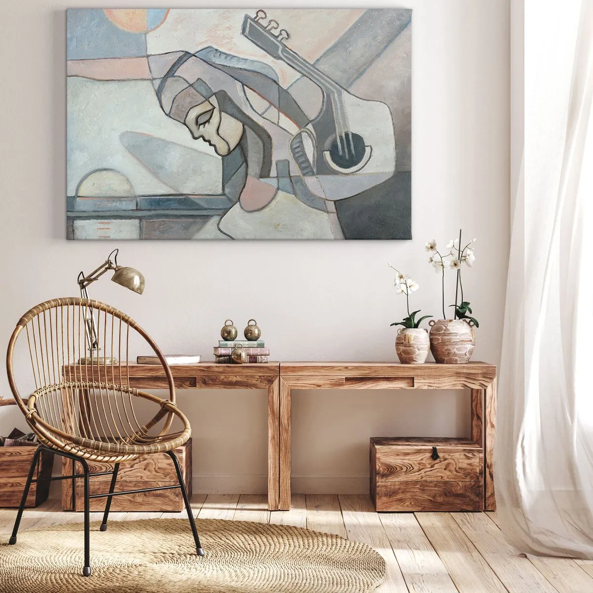 Lærredstryk - Billede på lærred - En abstrakt figur med en guitar i pastelfarver. - 70x50cm - I musikkens kraft - Moderne vægdekoration til stue og soveværelse ARTTOR