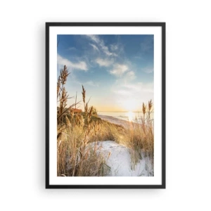 Plakat i sort ramme - Solrig strandlandskab med græs på klitterne - 50x70cm - Nordstrand - Moderne vægdekoration til stue og soveværelse ARTTOR