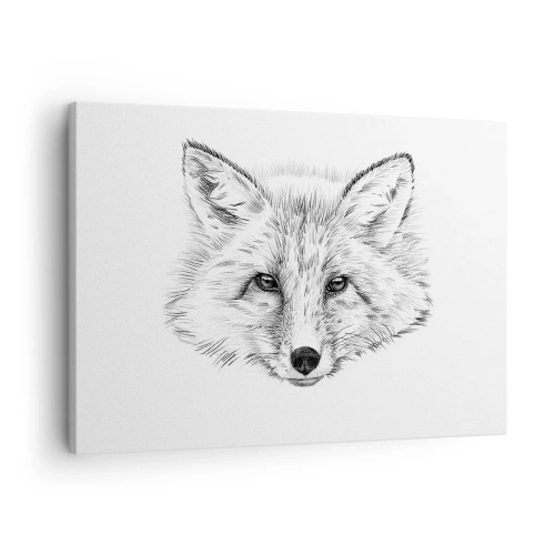 Lærredstryk - Billede på lærred - Sort-hvid tegning af et rævehoved på en hvid baggrund - 70x50cm - Kan disse øjne lyve? - Moderne vægdekoration til stue og soveværelse ARTTOR