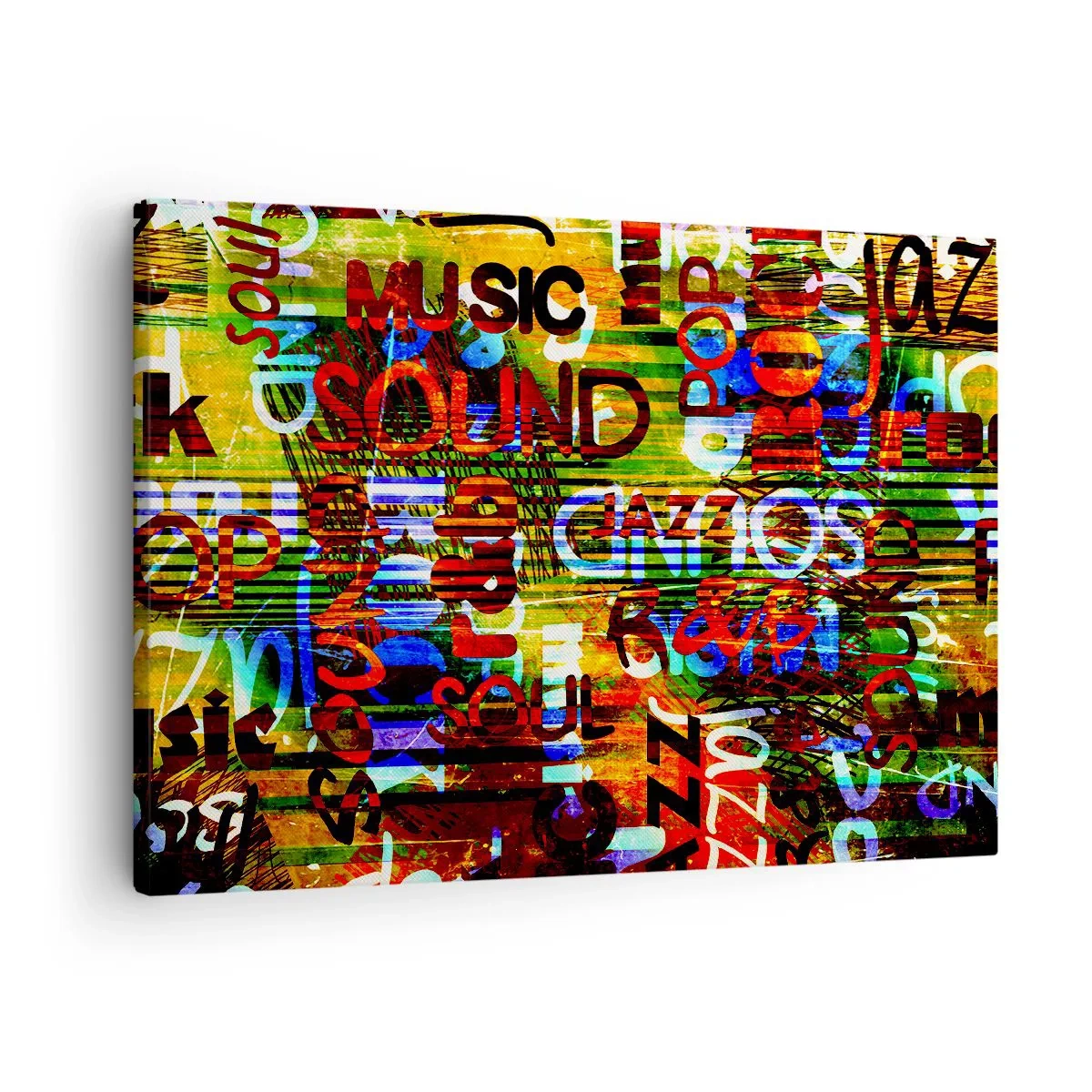 Lærredstryk - Billede på lærred - Farverig abstraktion med musikindskrifter i pop art-stil - 70x50cm - Alle lydens farver - Moderne vægdekoration til stue og soveværelse ARTTOR