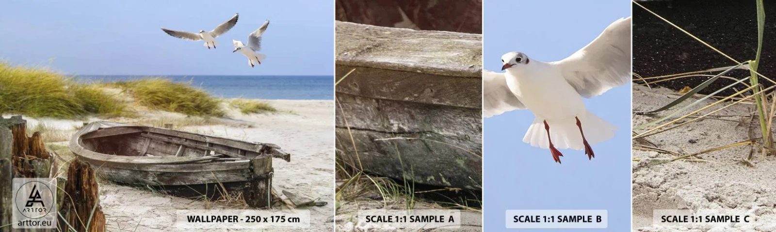 Prøve Fototapet Selvklæbende Deluxe Sticker - Badet i vinden - Landskab, Strand, Klitter - 100x30 cm