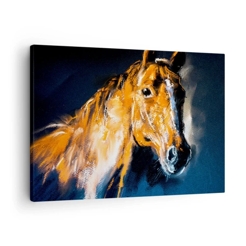 Lærredstryk - Billede på lærred - Portræt af en hest i en dynamisk, malerisk stil - 70x50cm - Hvad så, skal du af sted? - Moderne vægdekoration til stue og soveværelse ARTTOR
