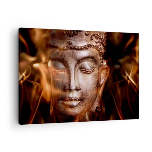 Lærredstryk - Billede på lærred - En Buddha-statue midt i flammer af gyldne nuancer - 70x50cm - Den eksisterer kun her og nu - Moderne vægdekoration til stue og soveværelse ARTTOR