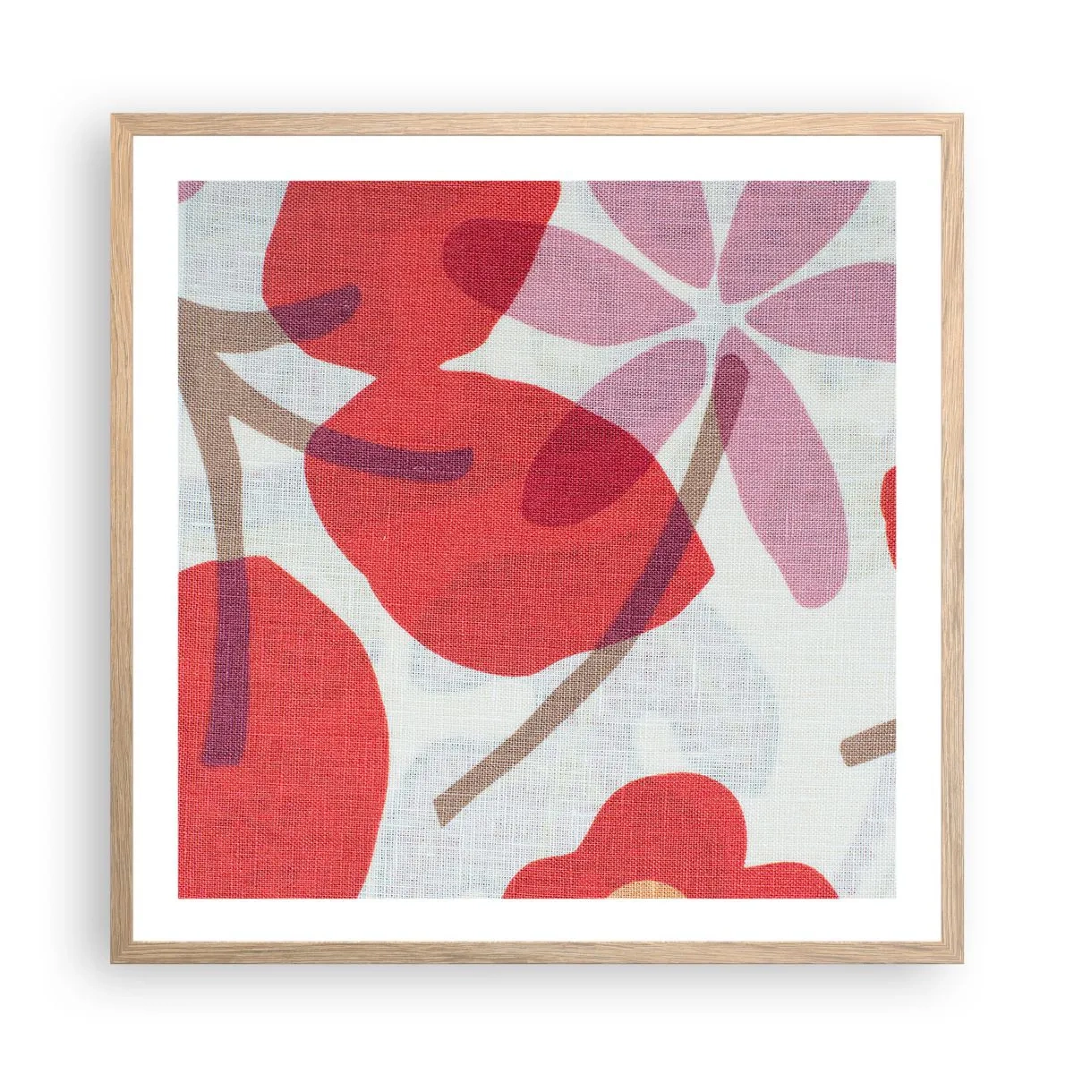 Plakat i ramme af lyst egetræ - Blomsterkomposition i pink - 60x60 cm