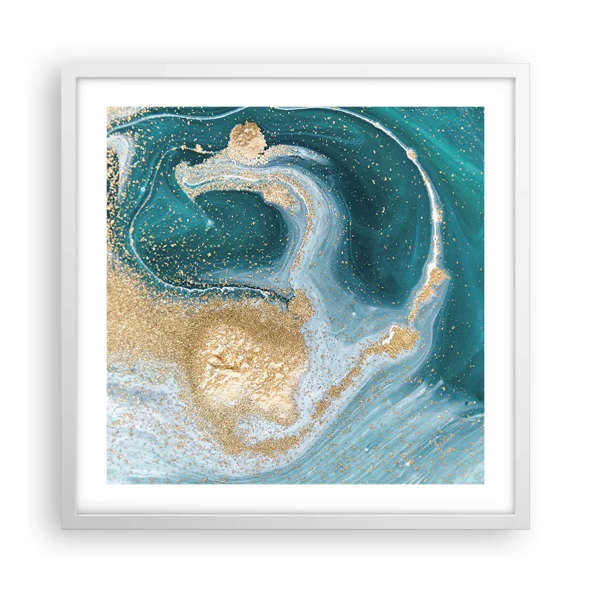 Plakat i hvid ramme - En hvirvel af guld og turkis - 50x50 cm