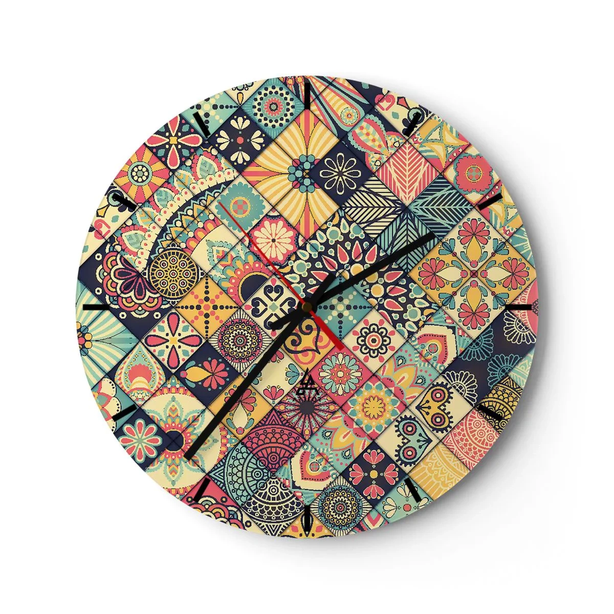 Vægur, Uret - Farverigt patchwork-motiv med geometriske mønstre - 30x30cm - Marokkansk stemning - Moderne vægdekoration til stue, køkken og soveværelse ARTTOR