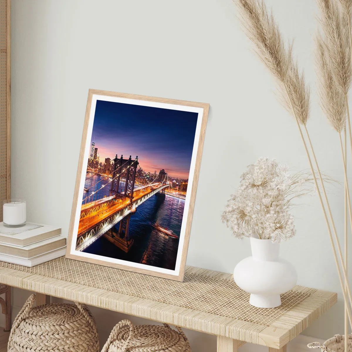 Plakat i ramme af lyst egetræ - En lysende bro til hjertet af byen - 70x100 cm