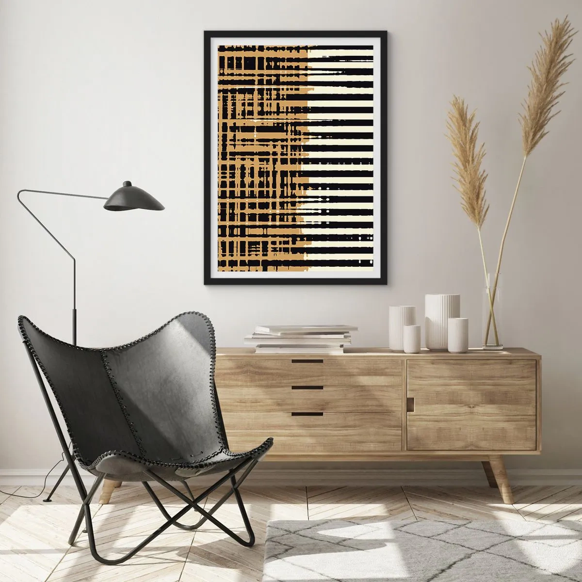 Plakat i sort ramme - Geometrisk mønster med linjer og varme farver - 50x70cm - Arkitektonisk abstraktion - Moderne vægdekoration til stue og soveværelse ARTTOR