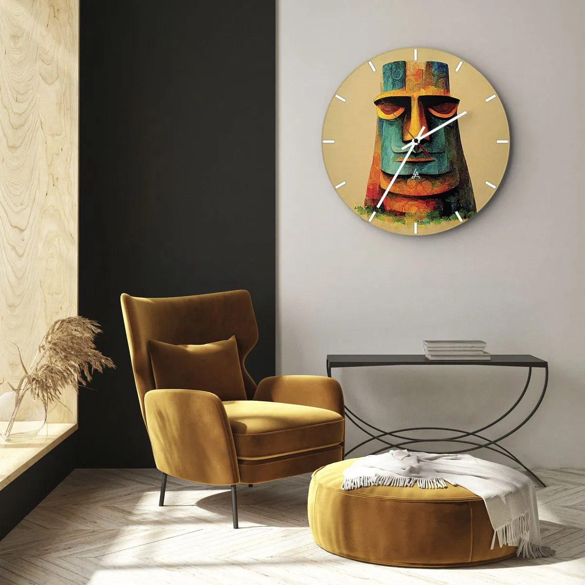 Vægur, Uret - Farverigt portræt af en stenstatue på en beige baggrund - 30x30cm - Statuarisk, men alligevel sympatisk - Moderne vægdekoration til stue, køkken og soveværelse ARTTOR