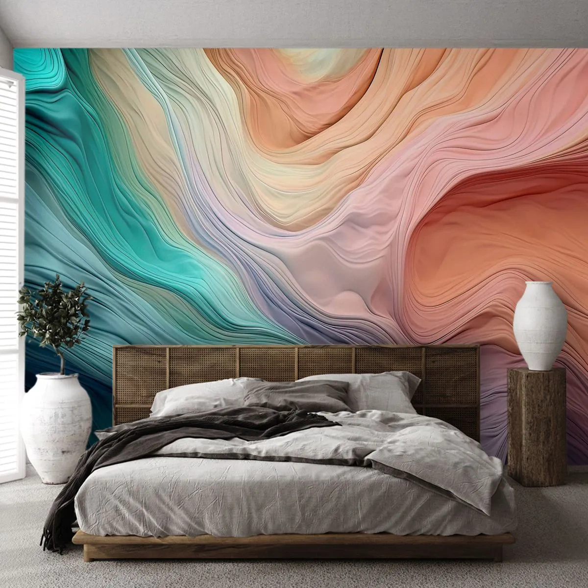 Fototapet Premium Canvas - Regnbuebølge - Pastellfarver, Abstraktion, Struktur - 200x140 cm