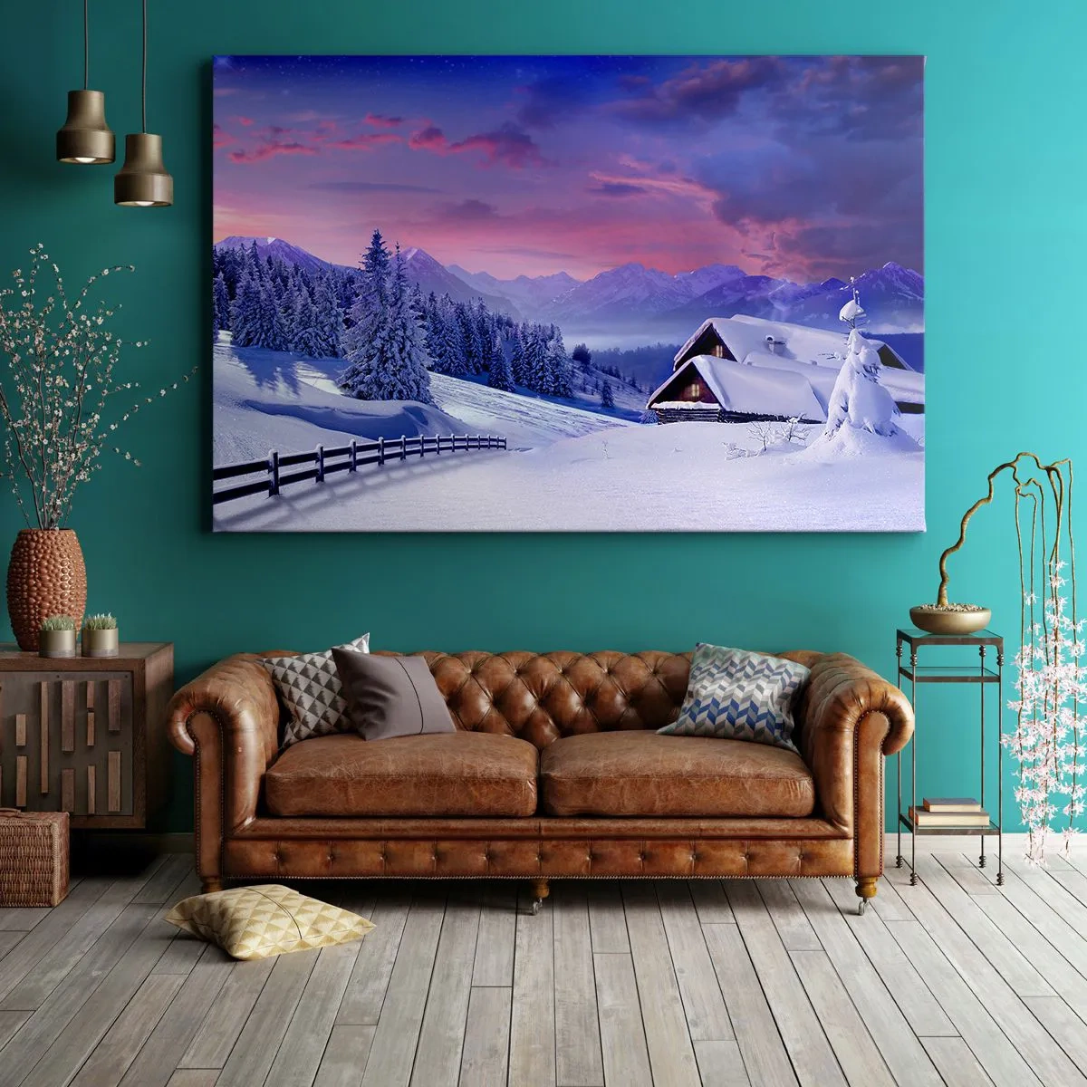 Lærredstryk - Billede på lærred - Vinterlandskab med bjerghytter ved solnedgang - 70x50cm - Stille nat - Moderne vægdekoration til stue og soveværelse ARTTOR