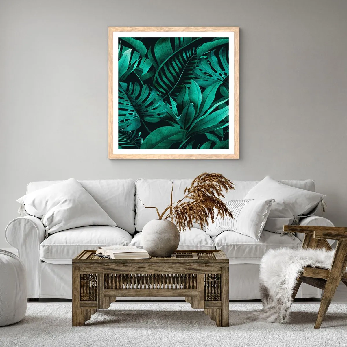 Plakat i ramme af lyst egetræ - Dyb tropisk grøn - 40x40 cm
