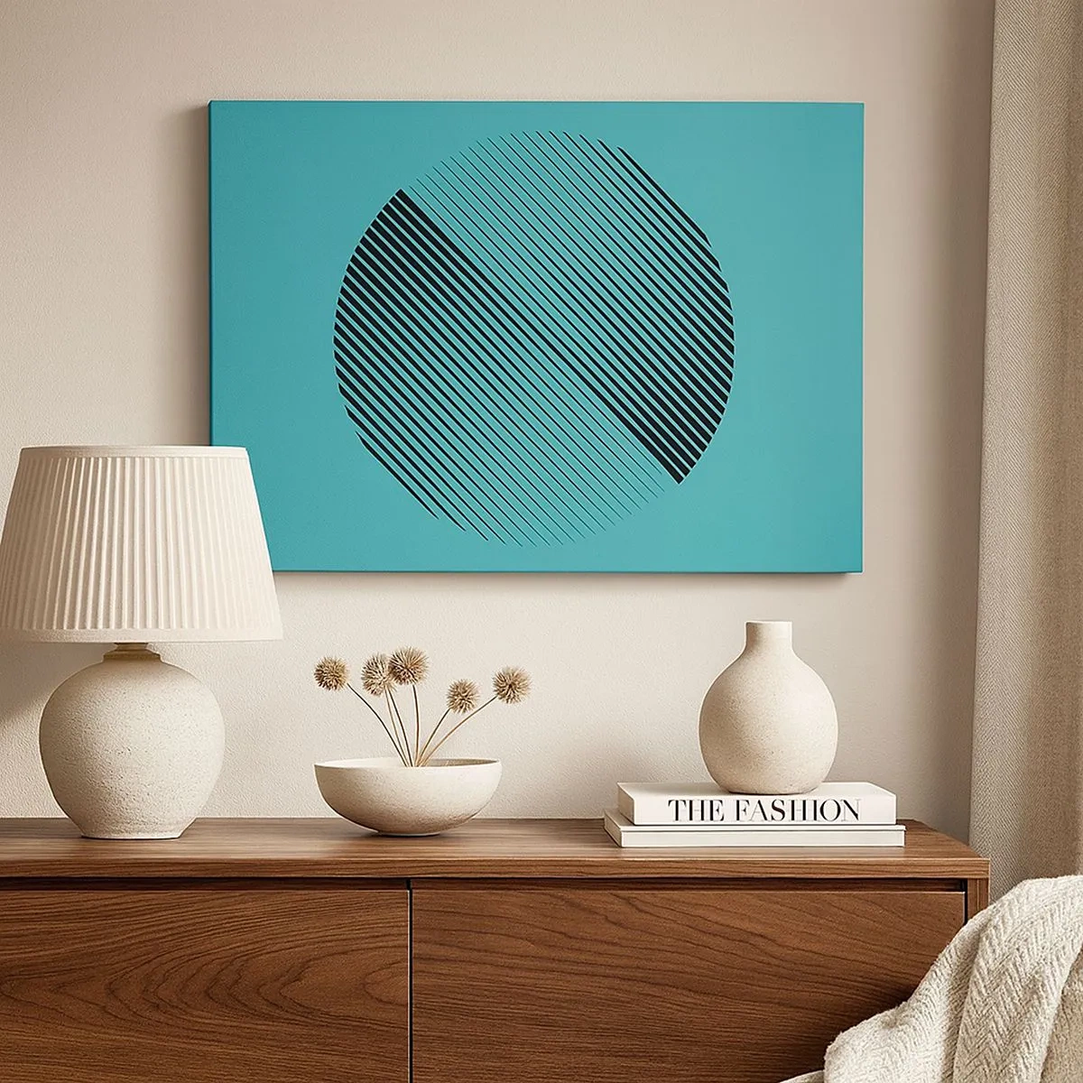 Lærredstryk - Billede på lærred - En minimalistisk cirkel med linjer på en turkis baggrund. - 70x50cm - Cirklen - en geometrisk variation - Moderne vægdekoration til stue og soveværelse ARTTOR