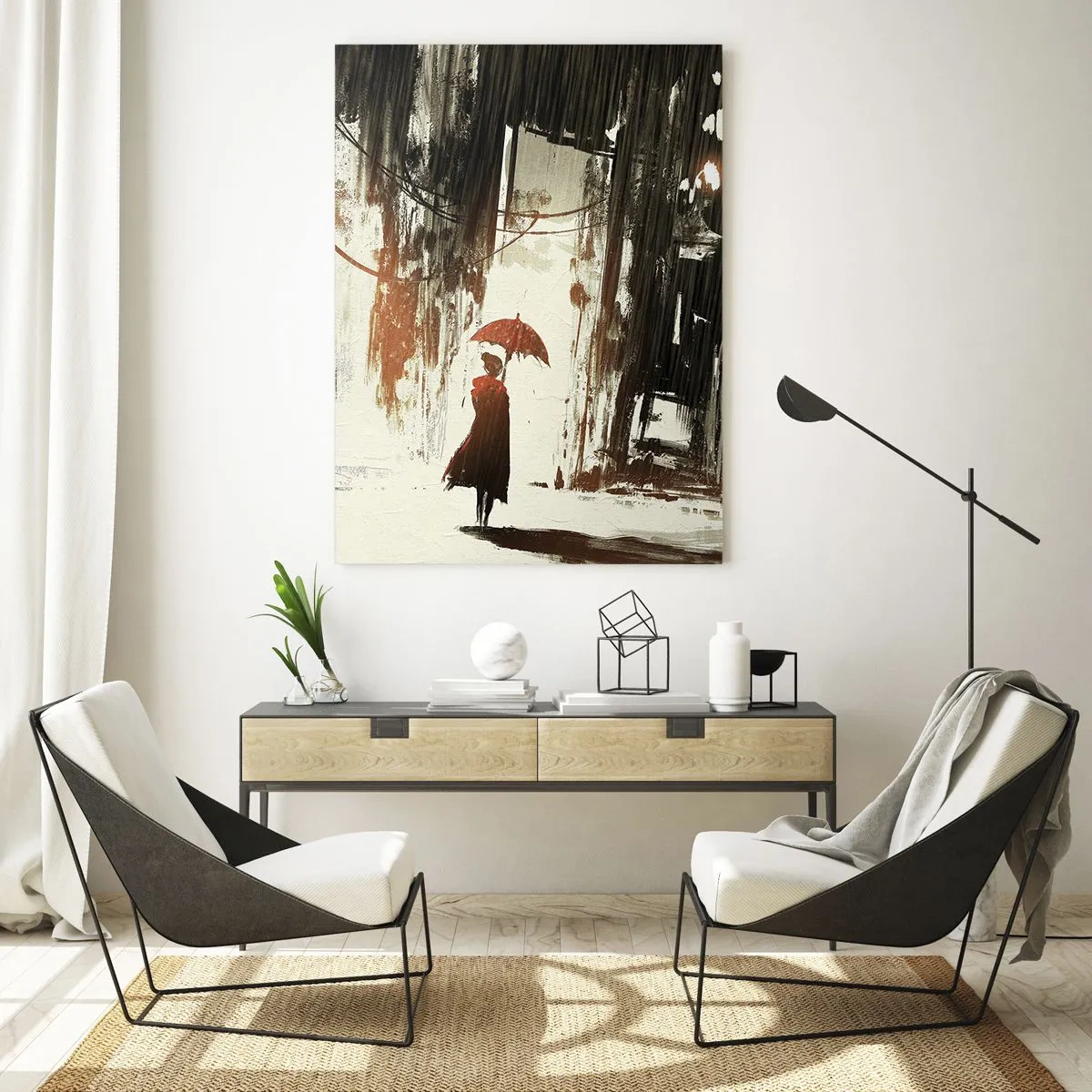 Billede på glas - Den røde paraplys poesi - 50x70 cm