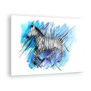 Billede på glas - En zebra i en kunstnerisk akvarelkomposition mod en blå baggrund - 70x50cm - Skjult i striberne - Moderne vægdekoration til stue og soveværelse ARTTOR