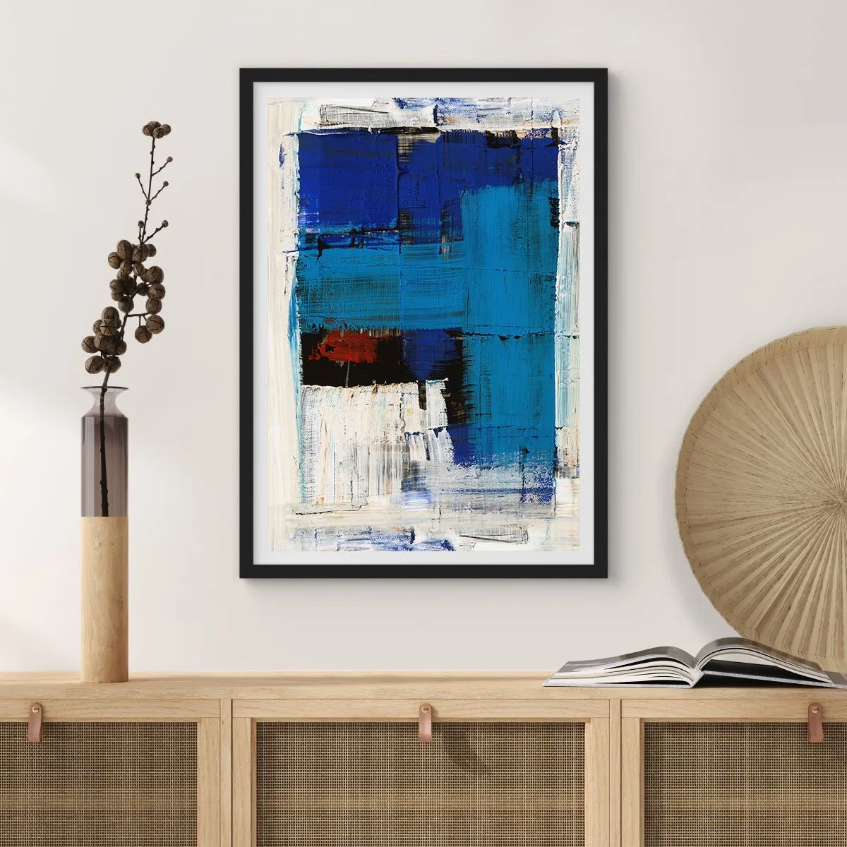 Plakat i sort ramme - Abstrakt komposition i nuancer af blå og hvid - 50x70cm - Det blås hemmelighed - Moderne vægdekoration til stue og soveværelse ARTTOR