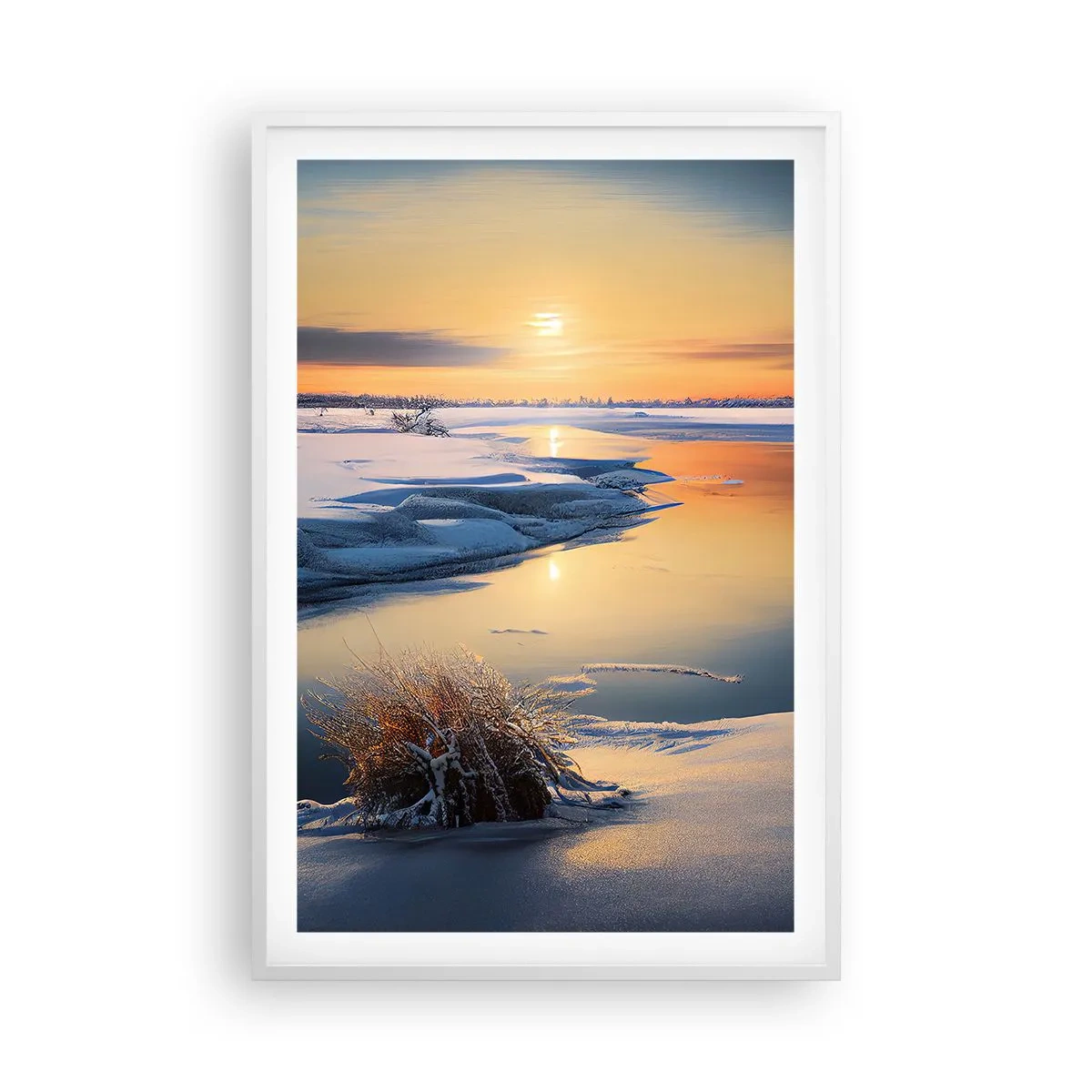 Plakat i hvid ramme - Vintersolnedgang - 61x91 cm