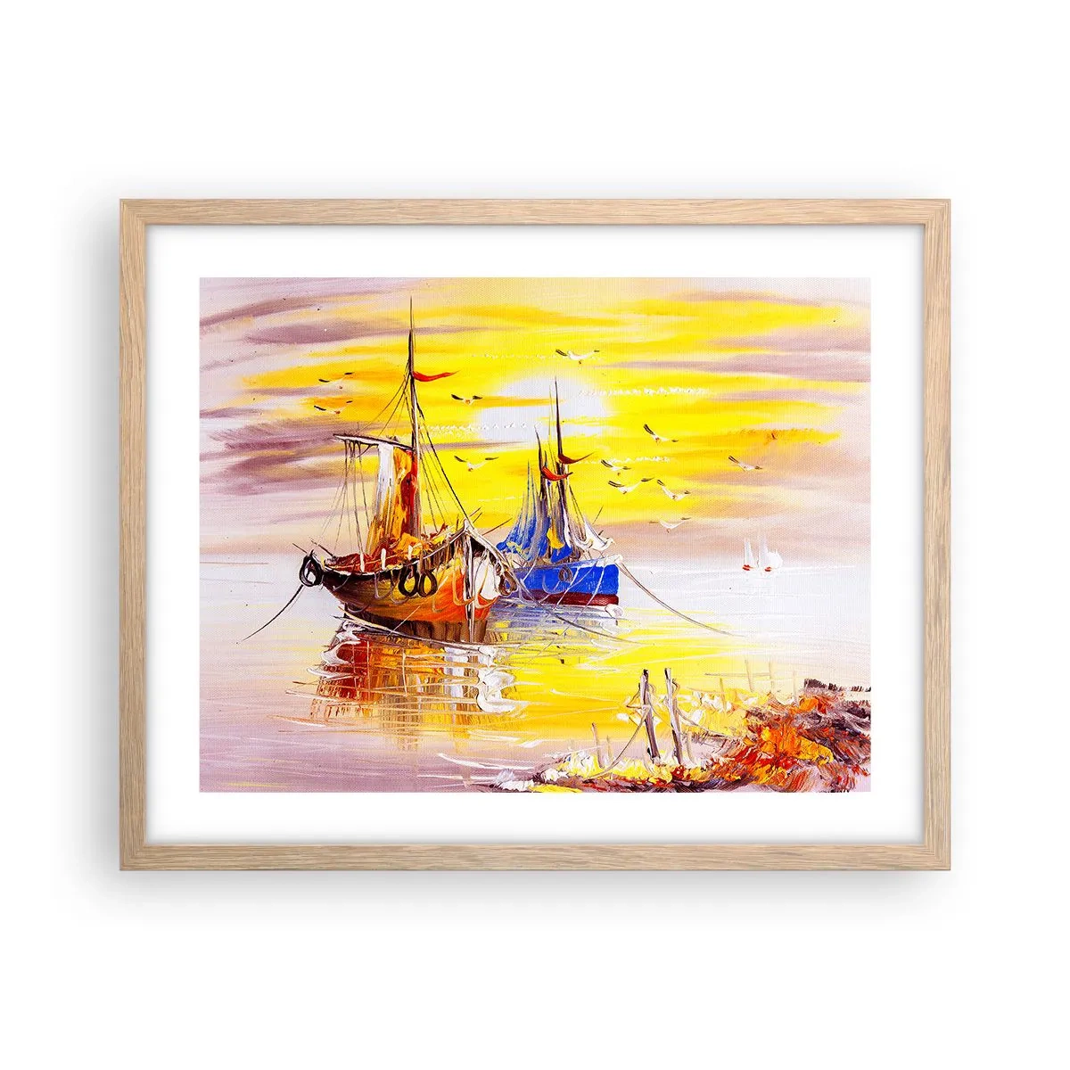 Plakat i ramme af lyst egetræ - Et velfortjent hvil i havnen - 50x40 cm