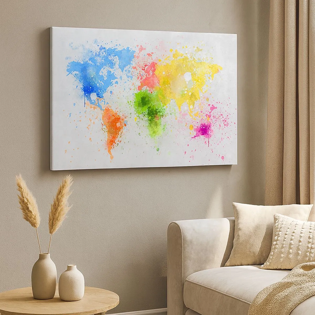 Lærredstryk - Billede på lærred - Et verdenskort i en farverig akvarelfortolkning - 70x50cm - Alle verdens farver - Moderne vægdekoration til stue og soveværelse ARTTOR