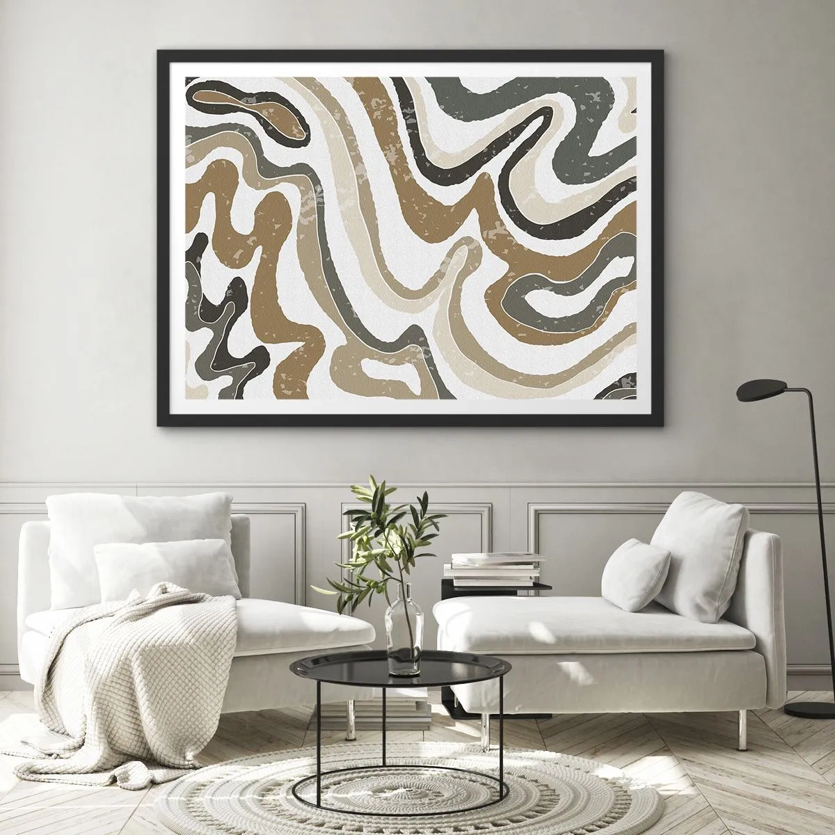 Plakat i sort ramme - Slyngninger af jordfarver - 70x50 cm
