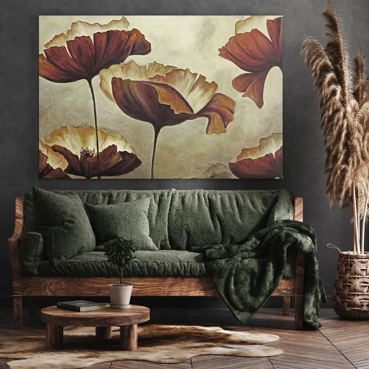 Lærredstryk - Billede på lærred - Diskrete blomster i nuancer af rød og guld på en lys baggrund - 70x50cm - Marker - Moderne vægdekoration til stue og soveværelse ARTTOR