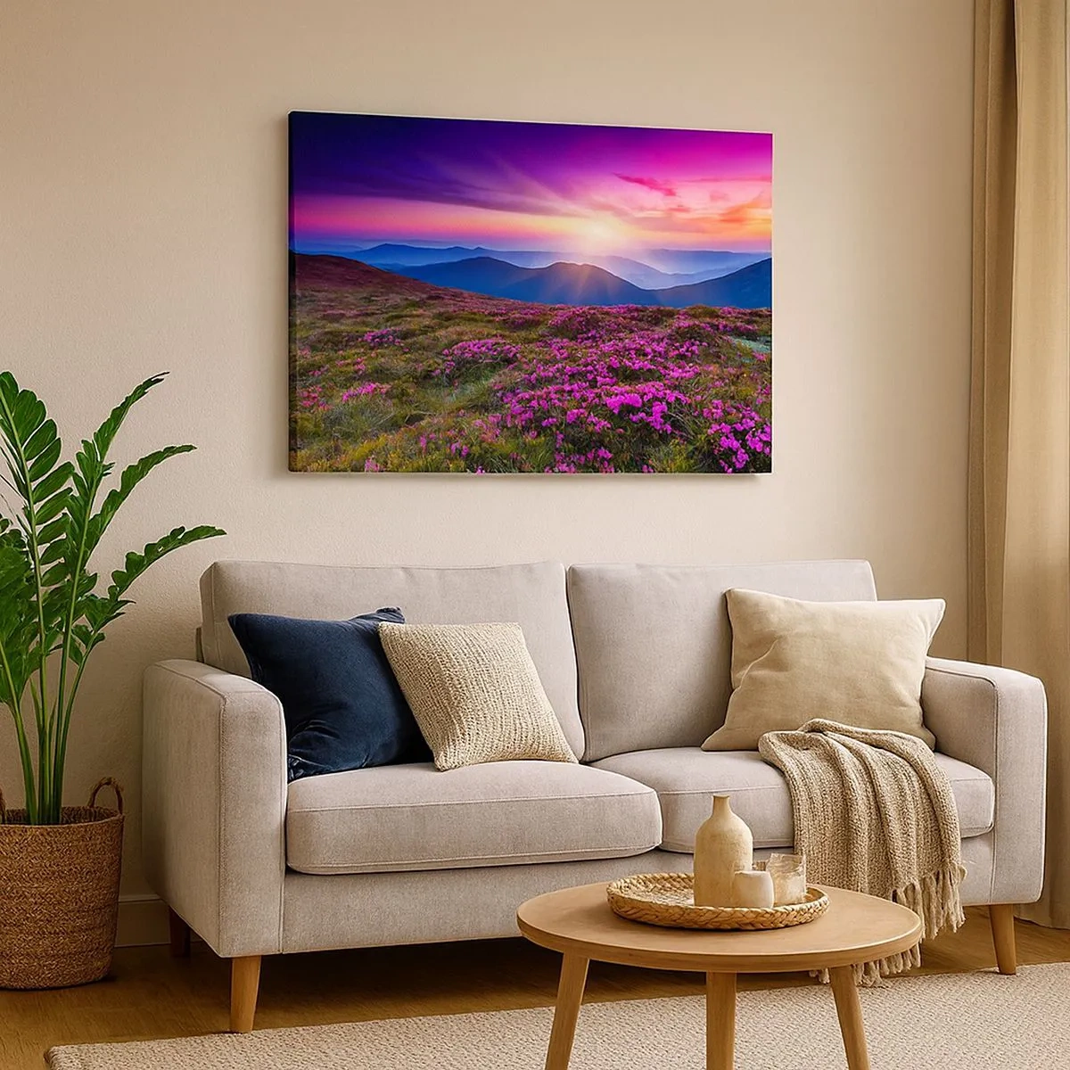 Lærredstryk - Billede på lærred - Bjergeng med blomster ved solnedgang - 70x50cm - Urter duftede friske bundter fra niw - Moderne vægdekoration til stue og soveværelse ARTTOR