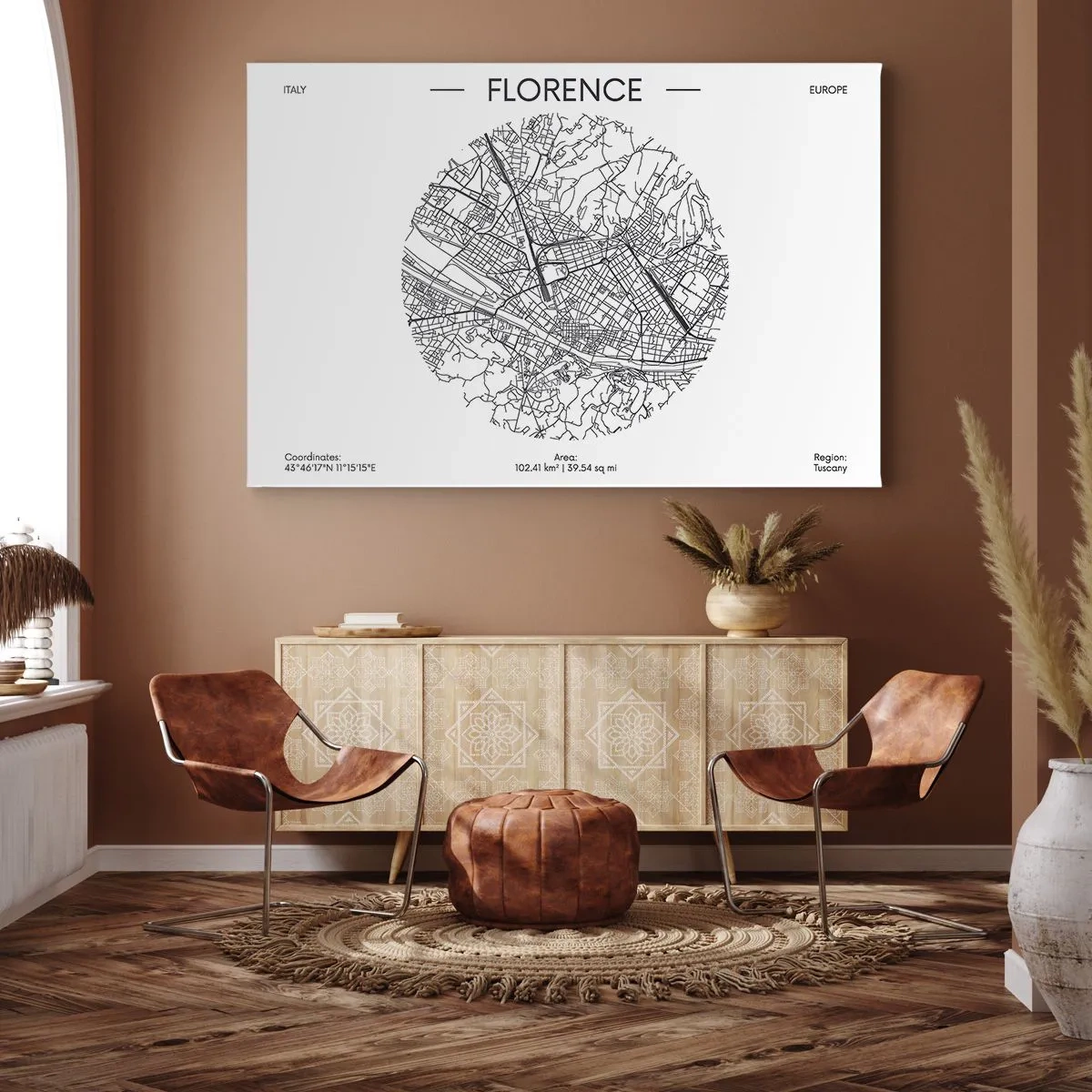 Lærredstryk - Billede på lærred - Et kort over Firenze i minimalistisk sort-hvid stil - 70x50cm - Anatomi af Firenze - Moderne vægdekoration til stue og soveværelse ARTTOR