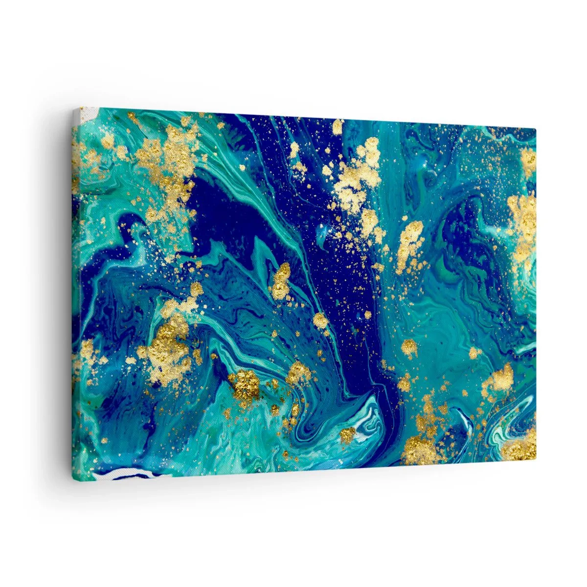 Lærredstryk - Billede på lærred - En abstrakt komposition med blå, grønne og guldfarvede accenter. - 70x50cm - Solblade - Moderne vægdekoration til stue og soveværelse ARTTOR