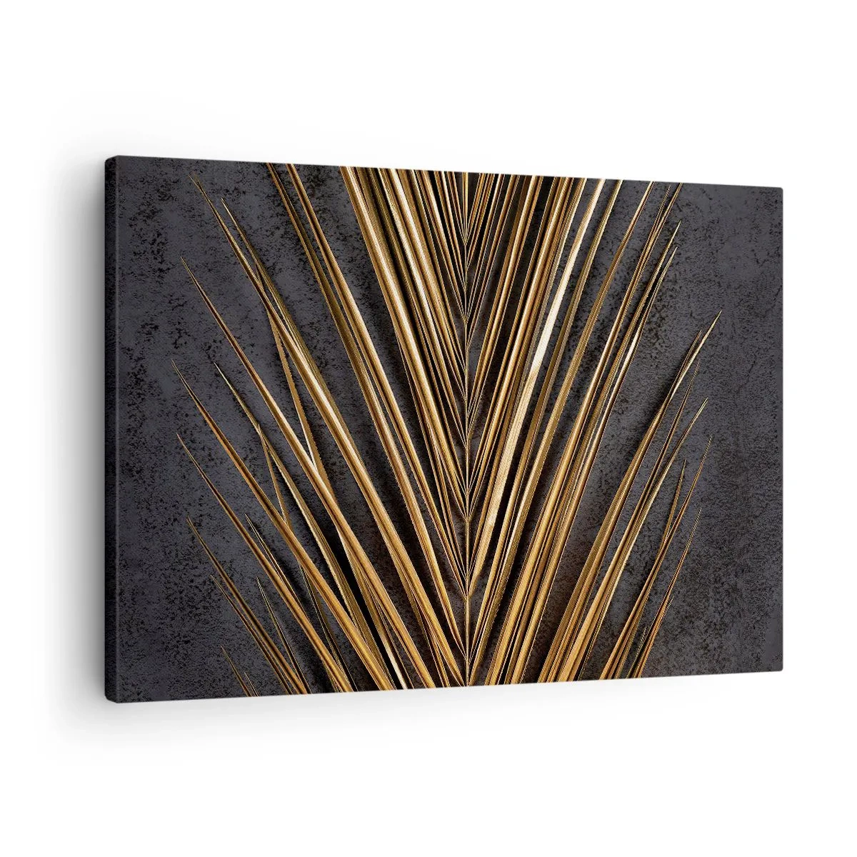 Lærredstryk - Billede på lærred - Gyldent tropisk blad på en sort baggrund - 70x50cm - Tropernes guld - Moderne vægdekoration til stue og soveværelse ARTTOR