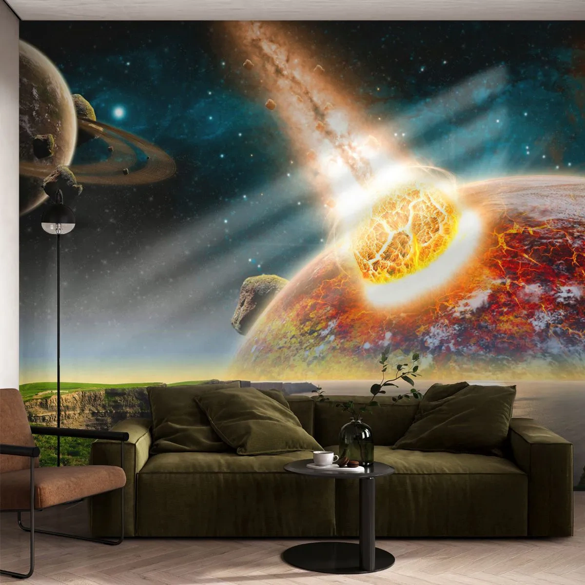 Fototapet Standard Eco - Kollision af en meteorit med en planet i baggrunden af rummet - 100x70cm - Kosmisk drama - Moderne vægdekoration til stue og soveværelse ARTTOR