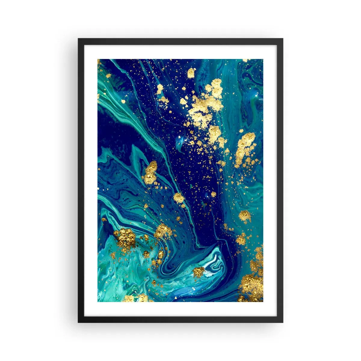 Plakat i sort ramme - Abstrakt mønster i nuancer af blå og guld - 50x70cm - Solblade - Moderne vægdekoration til stue og soveværelse ARTTOR
