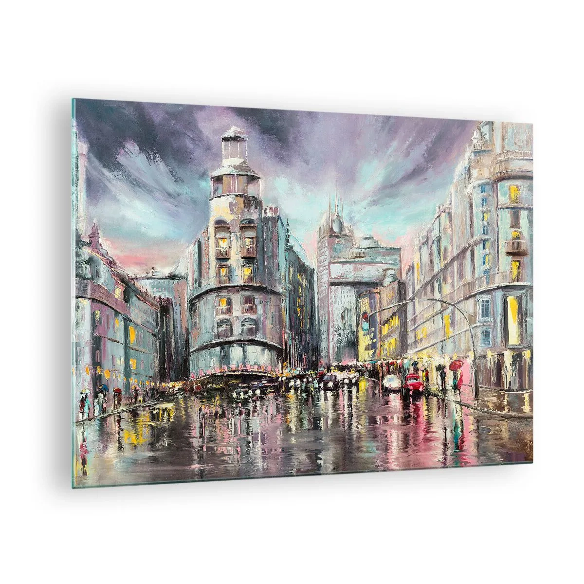 Billede på glas - En bygade i regnvejr med en spektakulær refleksion af lysene - 70x50cm - Det vil blive en vellykket aften - Moderne vægdekoration til stue og soveværelse ARTTOR
