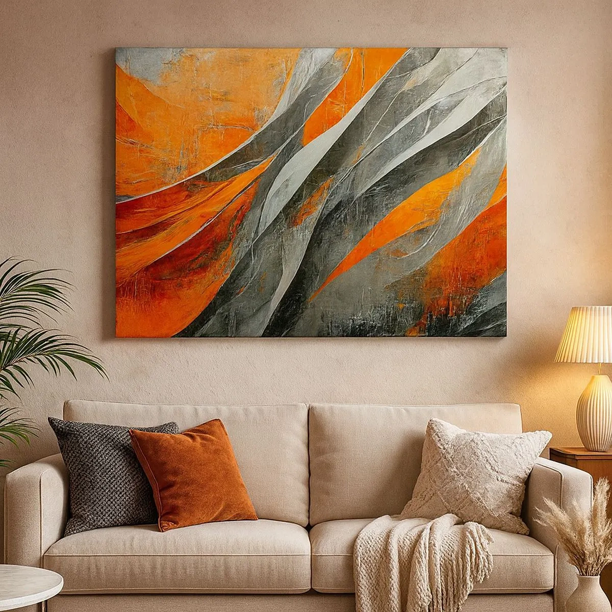 Lærredstryk - Billede på lærred - Abstrakte linjer i nuancer af orange og grå - 70x50cm - Varme og kulde - Moderne vægdekoration til stue og soveværelse ARTTOR