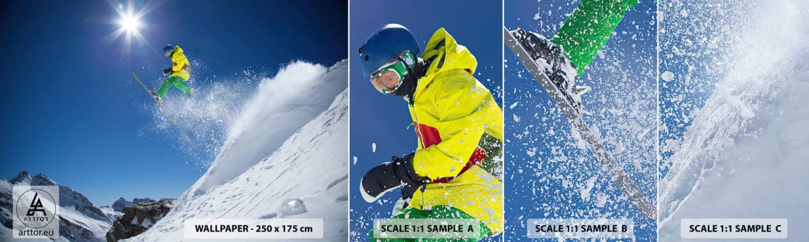 Prøve Fototapet Selvklæbende Deluxe Sticker - Danser med bjergene - Sport, Stå på ski, Vinter - 100x30 cm