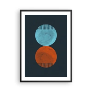 Plakat i sort ramme - To cirkler – blå og orange på en marineblå baggrund - 50x70cm - Kun geometri? - Moderne vægdekoration til stue og soveværelse ARTTOR